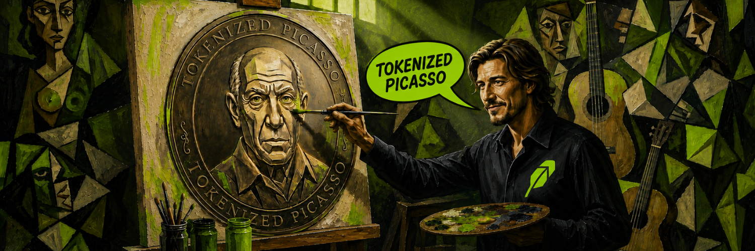 An oil painting in a cubist studio: an artist wearing a Robinhood feather paints a bronze medallion of Picasso reading Tokenized Picasso, surrounded by cubist canvases and a guitar.